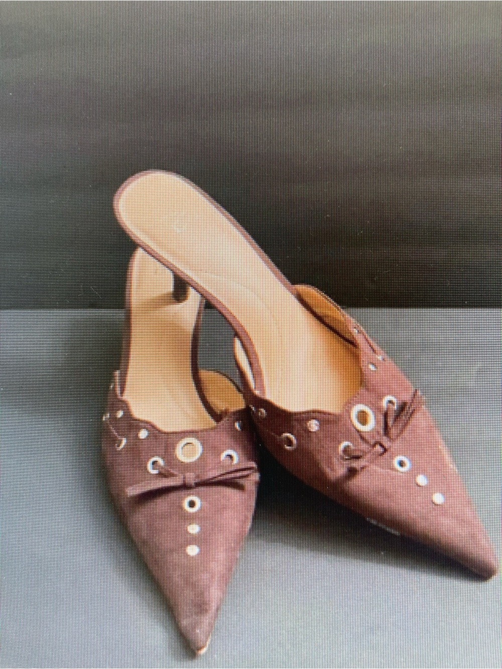 Pointed Brown Slip-On Heeled Mules with Eyelet Detail